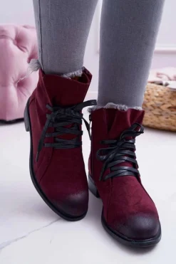 Hot Botki Damskie Płaski Obcas Workery Bordowe Teref Damskie Botki Sznurowane|Botki Zimowe Damskie