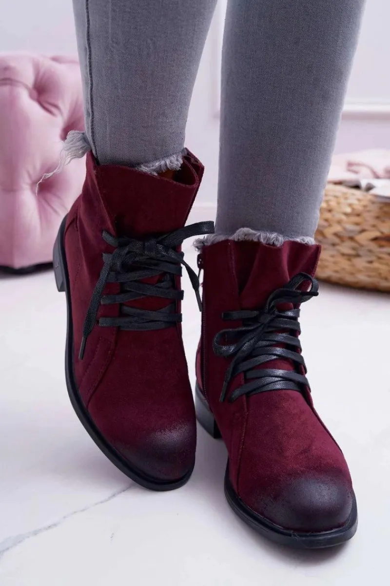 Hot Botki Damskie Płaski Obcas Workery Bordowe Teref Damskie Botki Sznurowane|Botki Zimowe Damskie
