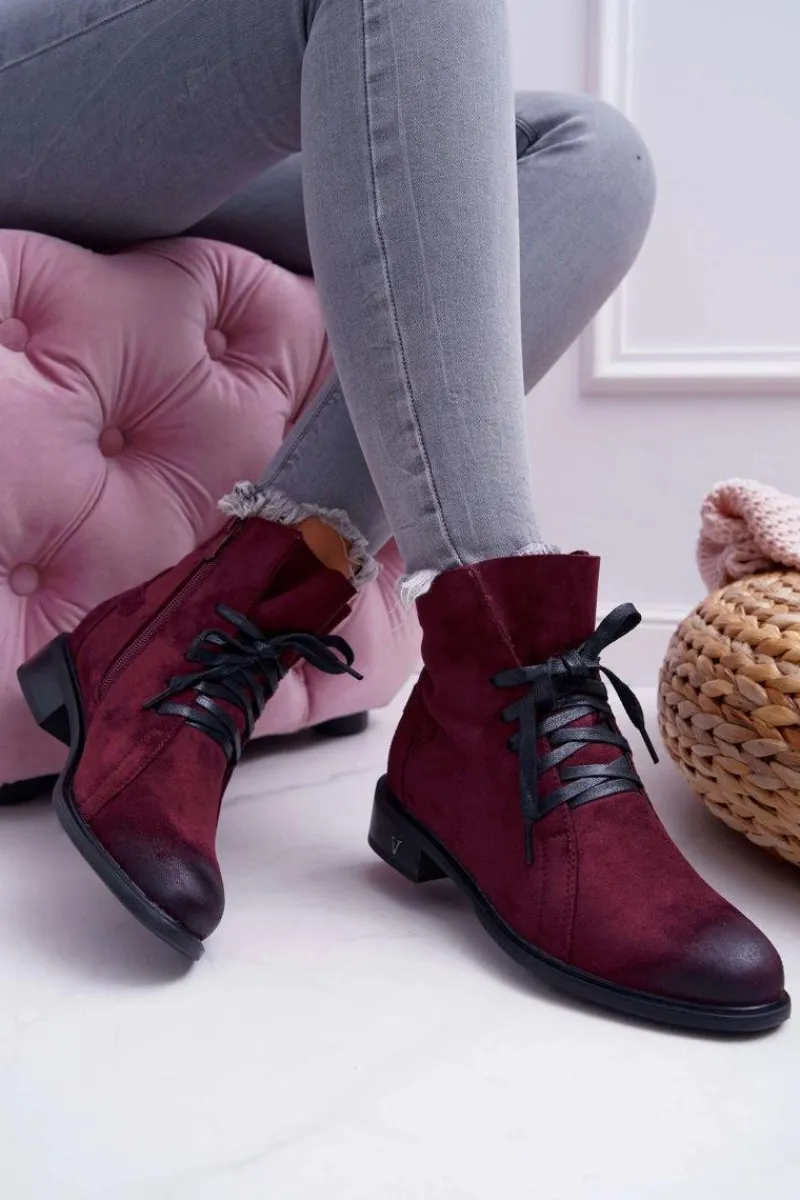 Hot Botki Damskie Płaski Obcas Workery Bordowe Teref Damskie Botki Sznurowane|Botki Zimowe Damskie