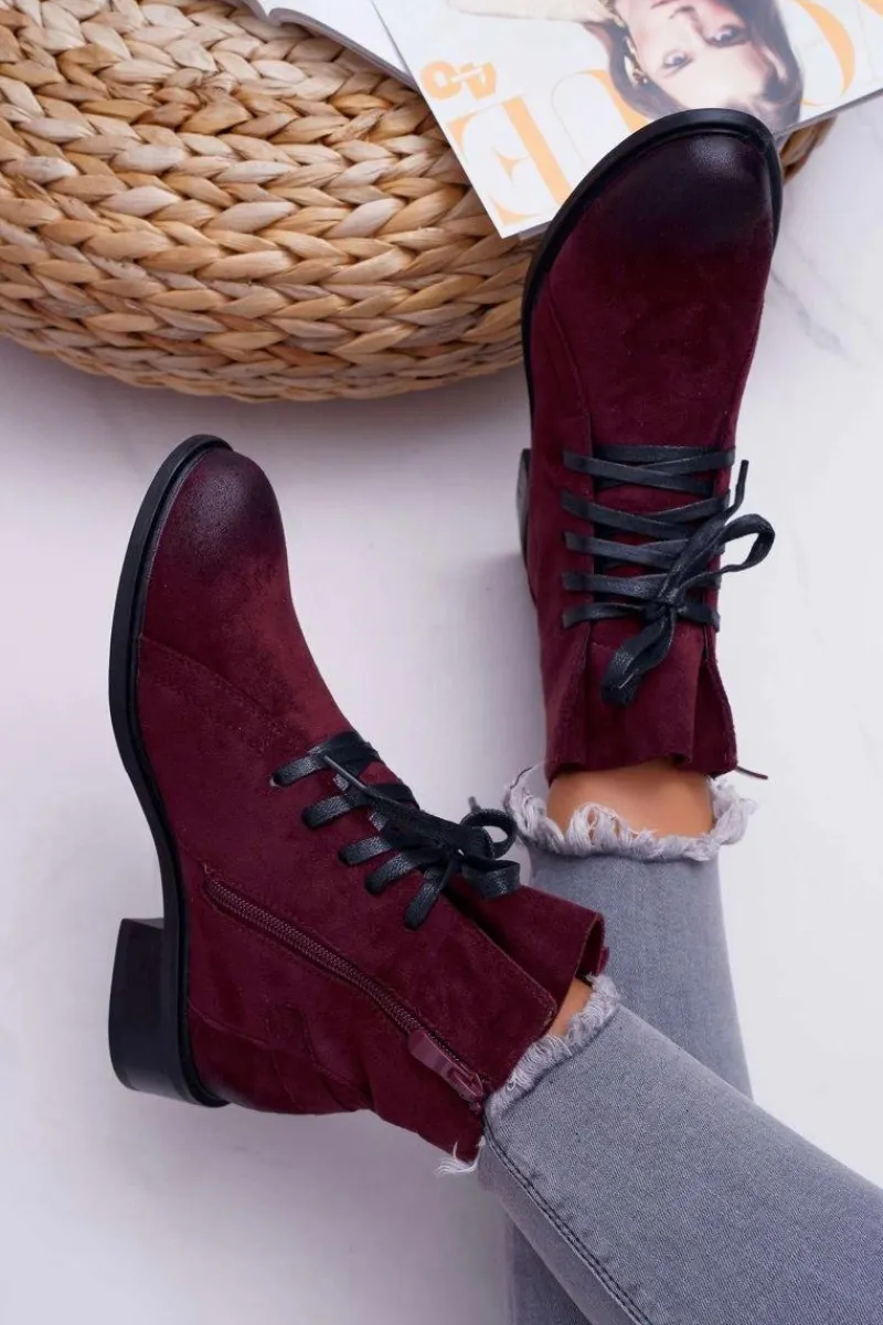 Hot Botki Damskie Płaski Obcas Workery Bordowe Teref Damskie Botki Sznurowane|Botki Zimowe Damskie