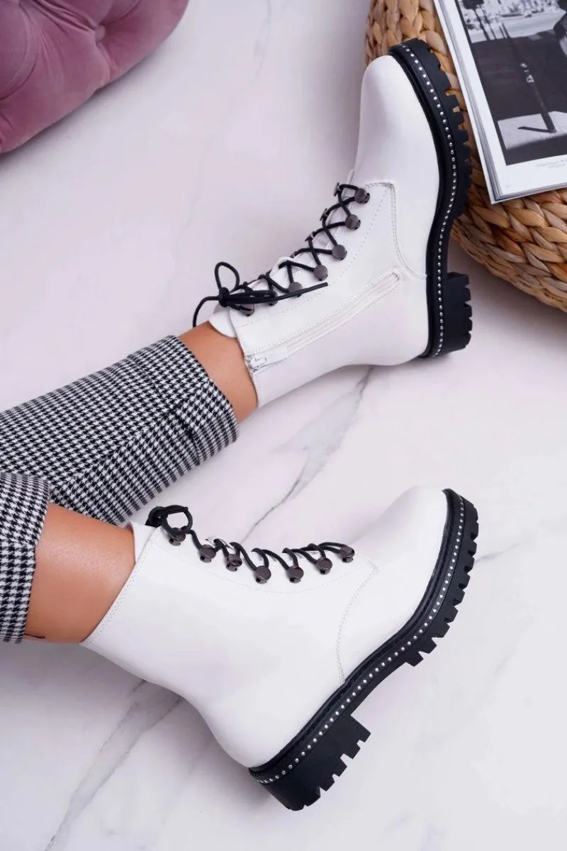 Botki Sznurowane|Botki Zimowe Damskie>Boto Botki Damskie Płaski Obcas Wysokie Glany Białe Buena