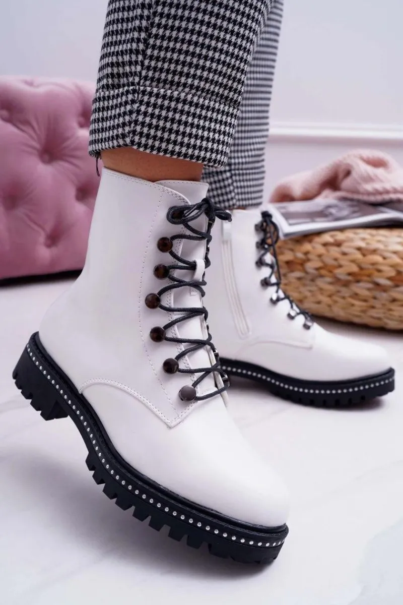 Botki Sznurowane|Botki Zimowe Damskie>Boto Botki Damskie Płaski Obcas Wysokie Glany Białe Buena