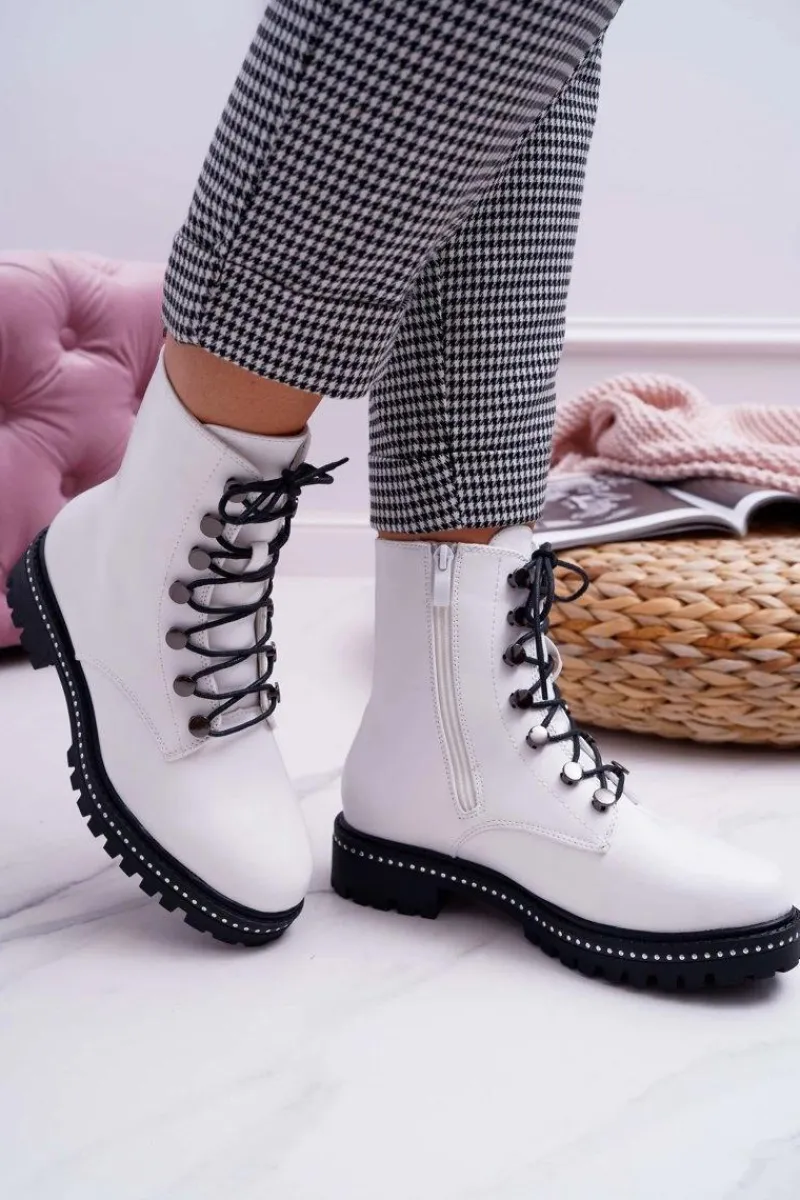 Botki Sznurowane|Botki Zimowe Damskie>Boto Botki Damskie Płaski Obcas Wysokie Glany Białe Buena