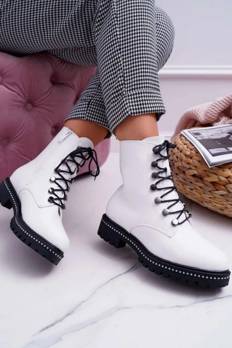 Botki Sznurowane|Botki Zimowe Damskie>Boto Botki Damskie Płaski Obcas Wysokie Glany Białe Buena