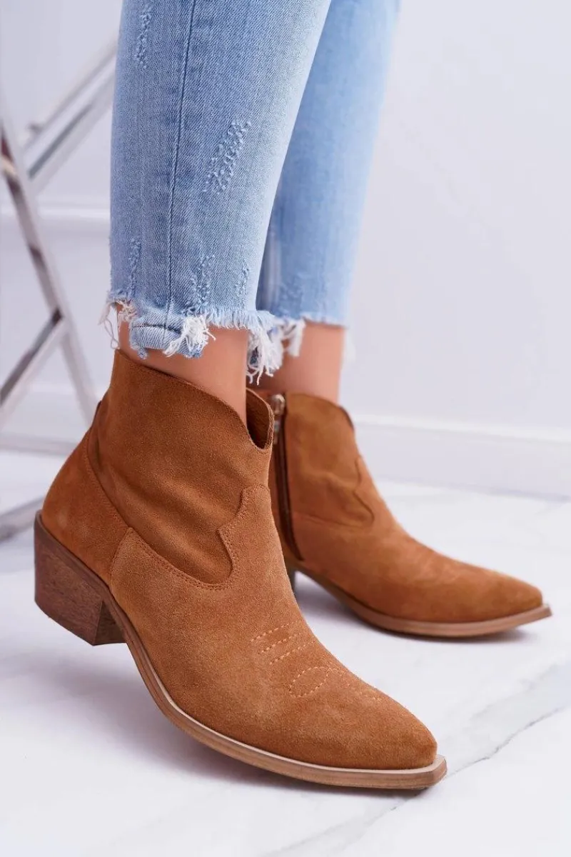 Botki Damskie Płaski Obcas Wiosenne Skórzane Kowbojki Camel Batty Damskie Botki Wiosenne|Brązowe I Beżowe Botki