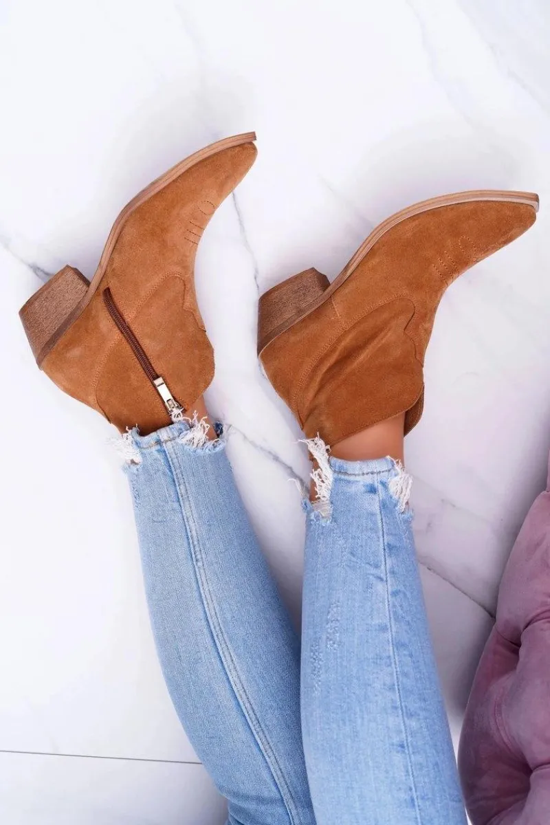 Botki Damskie Płaski Obcas Wiosenne Skórzane Kowbojki Camel Batty Damskie Botki Wiosenne|Brązowe I Beżowe Botki