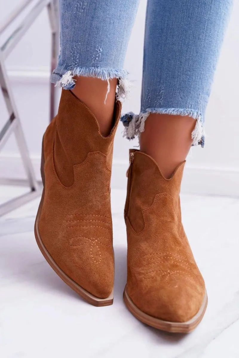 Botki Damskie Płaski Obcas Wiosenne Skórzane Kowbojki Camel Batty Damskie Botki Wiosenne|Brązowe I Beżowe Botki