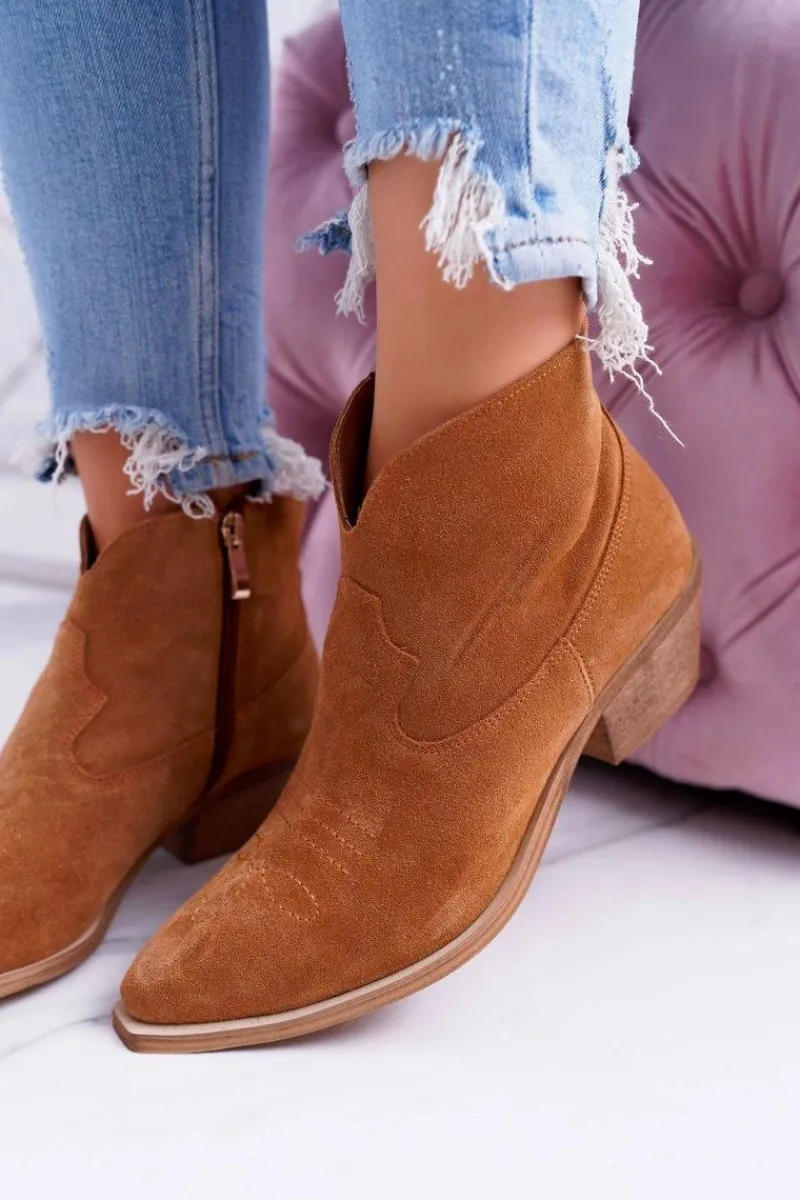 Botki Damskie Płaski Obcas Wiosenne Skórzane Kowbojki Camel Batty Damskie Botki Wiosenne|Brązowe I Beżowe Botki