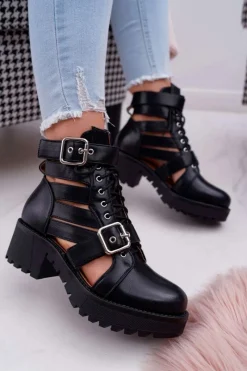 Outlet Botki Damskie Płaski Obcas Wiosenne Czarne Single Damskie Botki Sznurowane|Brązowe I Beżowe Botki