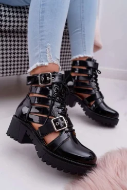 New Boto Botki Damskie Płaski Obcas Wiosenne Lakierowane Czarne Single