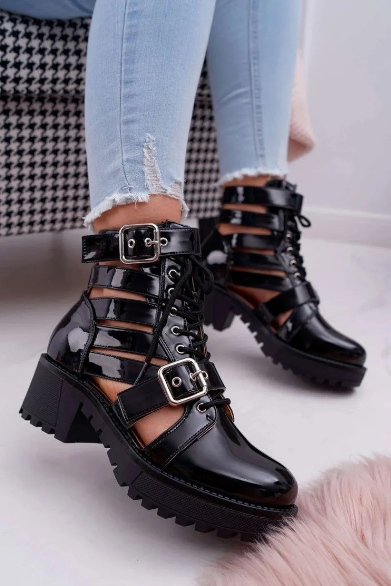 New Boto Botki Damskie Płaski Obcas Wiosenne Lakierowane Czarne Single