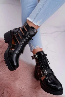 New Boto Botki Damskie Płaski Obcas Wiosenne Lakierowane Czarne Single