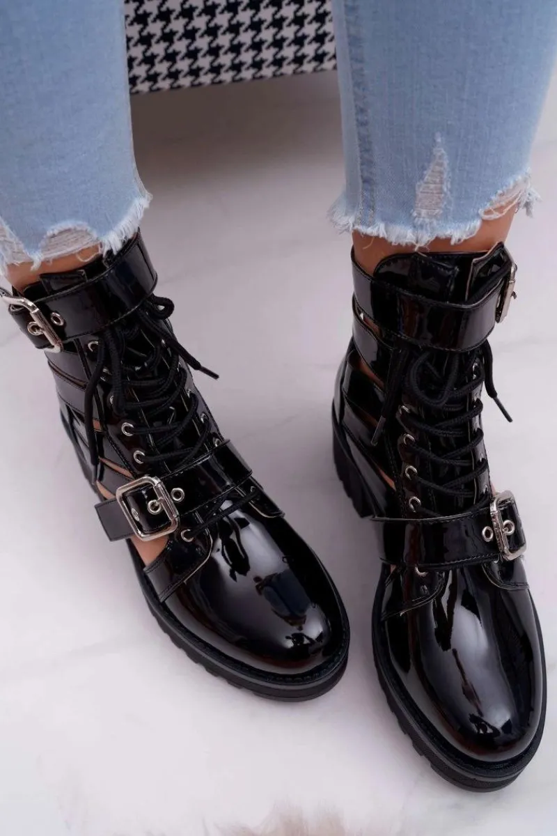 New Boto Botki Damskie Płaski Obcas Wiosenne Lakierowane Czarne Single