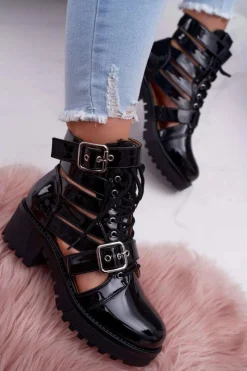 New Boto Botki Damskie Płaski Obcas Wiosenne Lakierowane Czarne Single