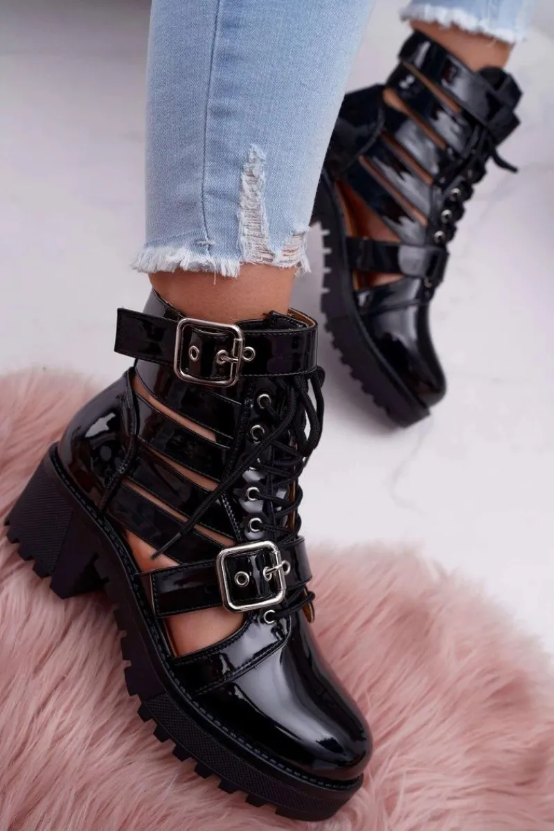 New Boto Botki Damskie Płaski Obcas Wiosenne Lakierowane Czarne Single