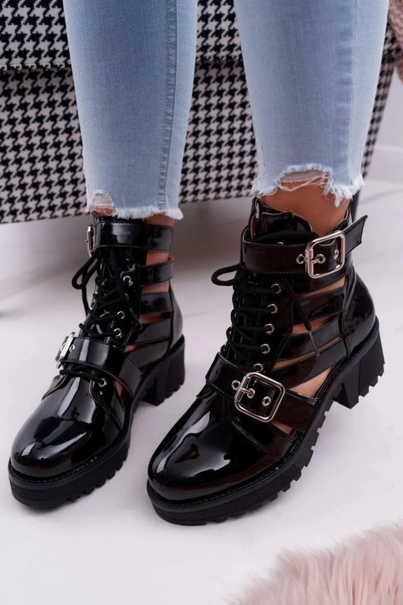 New Boto Botki Damskie Płaski Obcas Wiosenne Lakierowane Czarne Single