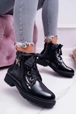 Best Botki Damskie Płaski Obcas Glany Lakierowane Czarne Sergio Leone BT530 Damskie Botki Sznurowane|Botki Zimowe Damskie