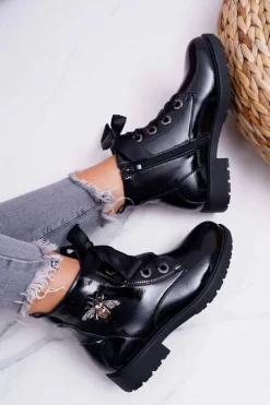 Best Botki Damskie Płaski Obcas Glany Lakierowane Czarne Sergio Leone BT530 Damskie Botki Sznurowane|Botki Zimowe Damskie