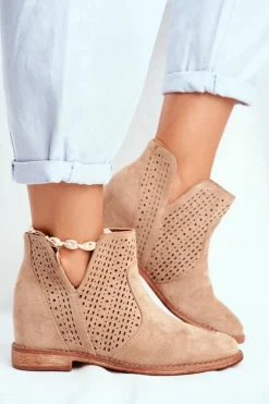 Sale Boto Botki Damskie Płaski Obcas Zamszowe Ażurowe Beżowe Shades