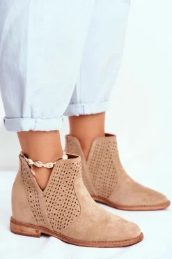 Sale Boto Botki Damskie Płaski Obcas Zamszowe Ażurowe Beżowe Shades