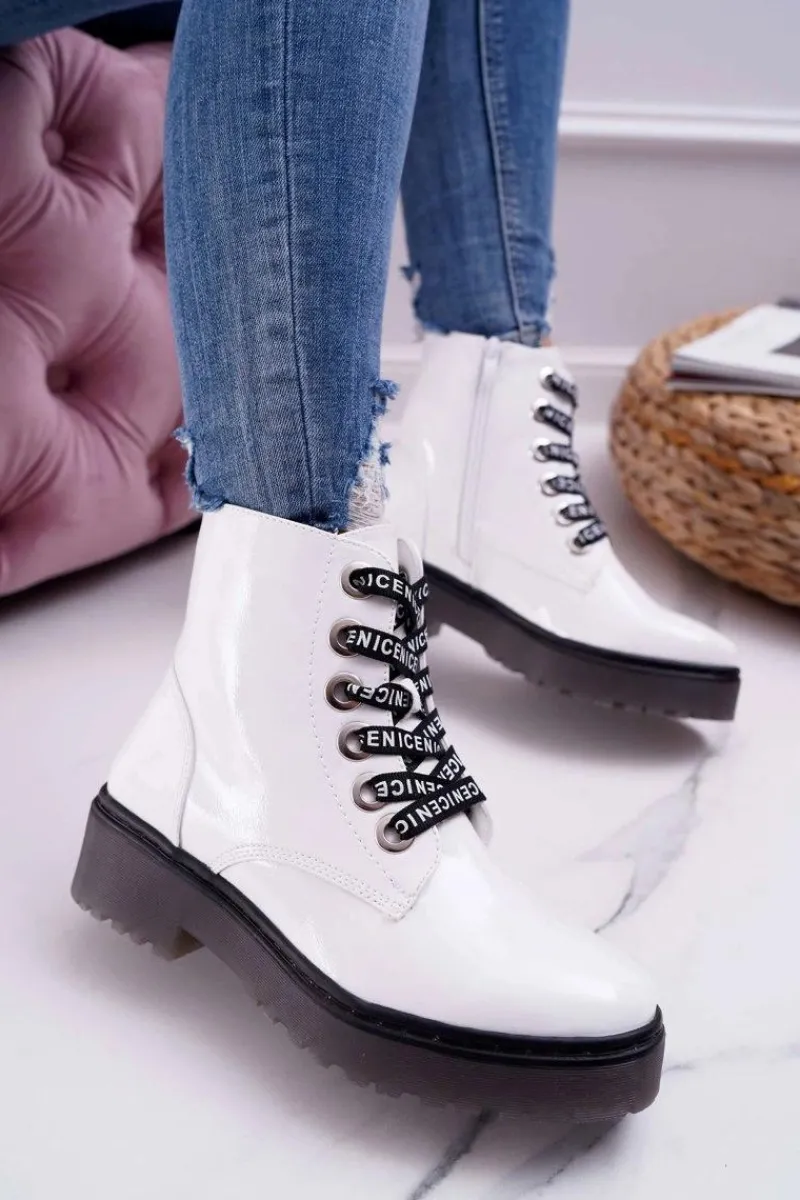 Best Buty Sergio Leone Botki Damskie Płaski Obcas Glany Lakierowane Białe Sergio Leone TR726