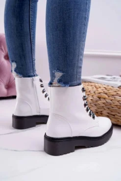 Best Buty Sergio Leone Botki Damskie Płaski Obcas Glany Lakierowane Białe Sergio Leone TR726