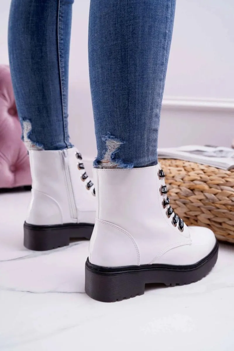 Best Buty Sergio Leone Botki Damskie Płaski Obcas Glany Lakierowane Białe Sergio Leone TR726