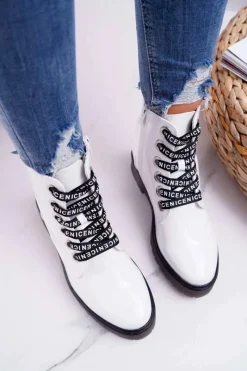 Best Buty Sergio Leone Botki Damskie Płaski Obcas Glany Lakierowane Białe Sergio Leone TR726