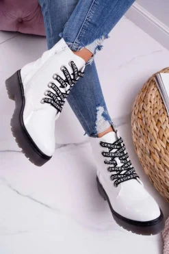 Best Buty Sergio Leone Botki Damskie Płaski Obcas Glany Lakierowane Białe Sergio Leone TR726