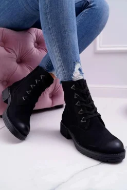 Sale Botki Damskie Płaski Obcas Nubuk Czarne Sergio Leone TR718 Damskie Botki Sznurowane|Botki Zimowe Damskie