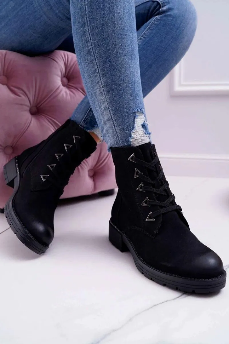 Sale Botki Damskie Płaski Obcas Nubuk Czarne Sergio Leone TR718 Damskie Botki Sznurowane|Botki Zimowe Damskie