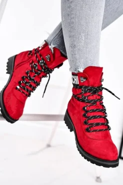 Hot Evento Botki Damskie Płaski Obcas Na Suwak Czerwone Popsi