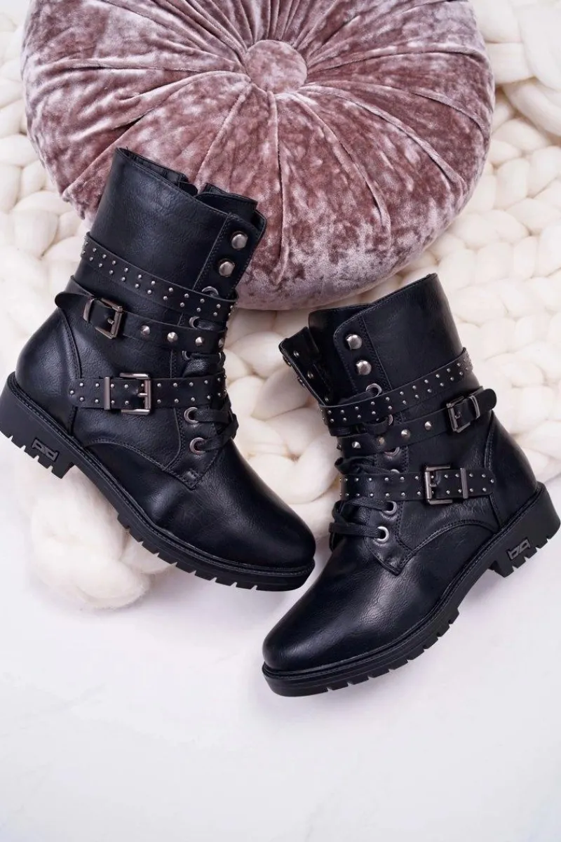 Botki Sznurowane|Botki Zimowe Damskie>Boto Botki Damskie Płaski Obcas Wysokie Czarne Emenbar