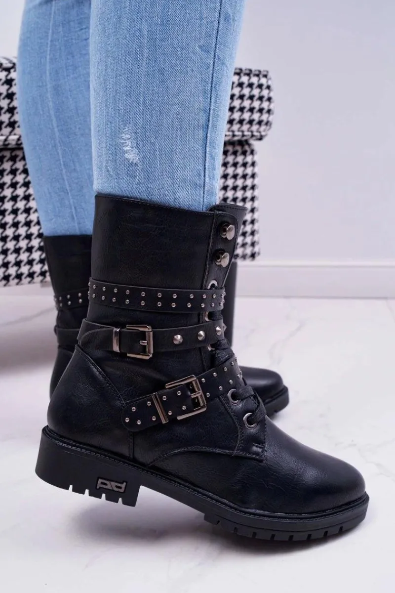 Botki Sznurowane|Botki Zimowe Damskie>Boto Botki Damskie Płaski Obcas Wysokie Czarne Emenbar