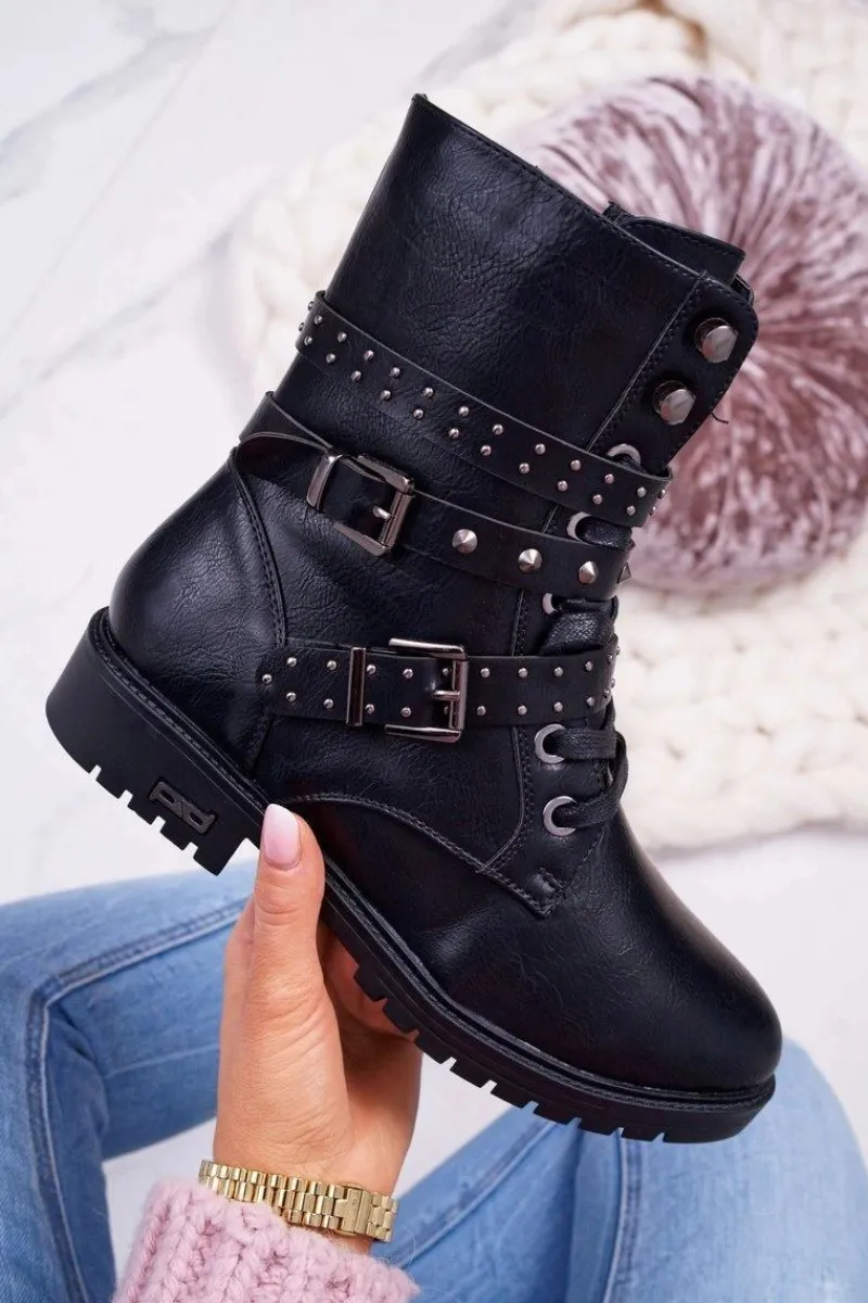 Botki Sznurowane|Botki Zimowe Damskie>Boto Botki Damskie Płaski Obcas Wysokie Czarne Emenbar