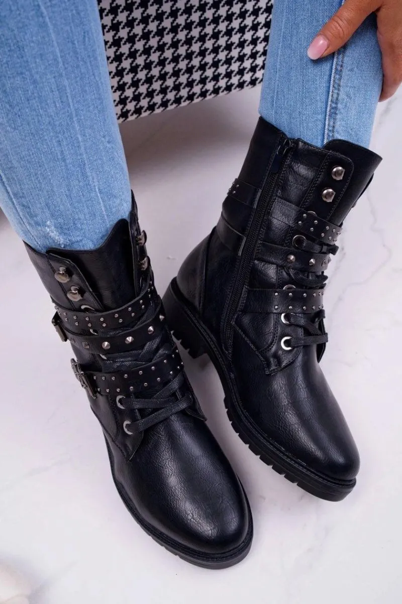 Botki Sznurowane|Botki Zimowe Damskie>Boto Botki Damskie Płaski Obcas Wysokie Czarne Emenbar