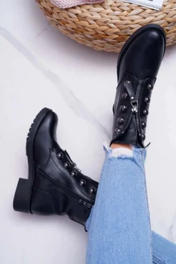 Outlet Botki Damskie Płaski Obcas Wysokie Czarne Yulio Damskie Botki Płaskie|Czarne Botki