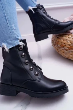 Outlet Botki Damskie Płaski Obcas Wysokie Czarne Yulio Damskie Botki Płaskie|Czarne Botki