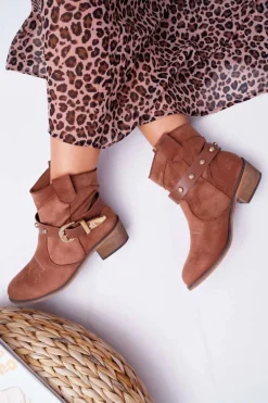 Sale Botki Damskie Płaski Obcas Kowbojki z Klamrą Camel Ewella Damskie Brązowe I Beżowe Botki|Botki Zamszowe