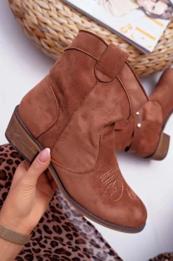 Sale Botki Damskie Płaski Obcas Kowbojki z Klamrą Camel Ewella Damskie Brązowe I Beżowe Botki|Botki Zamszowe