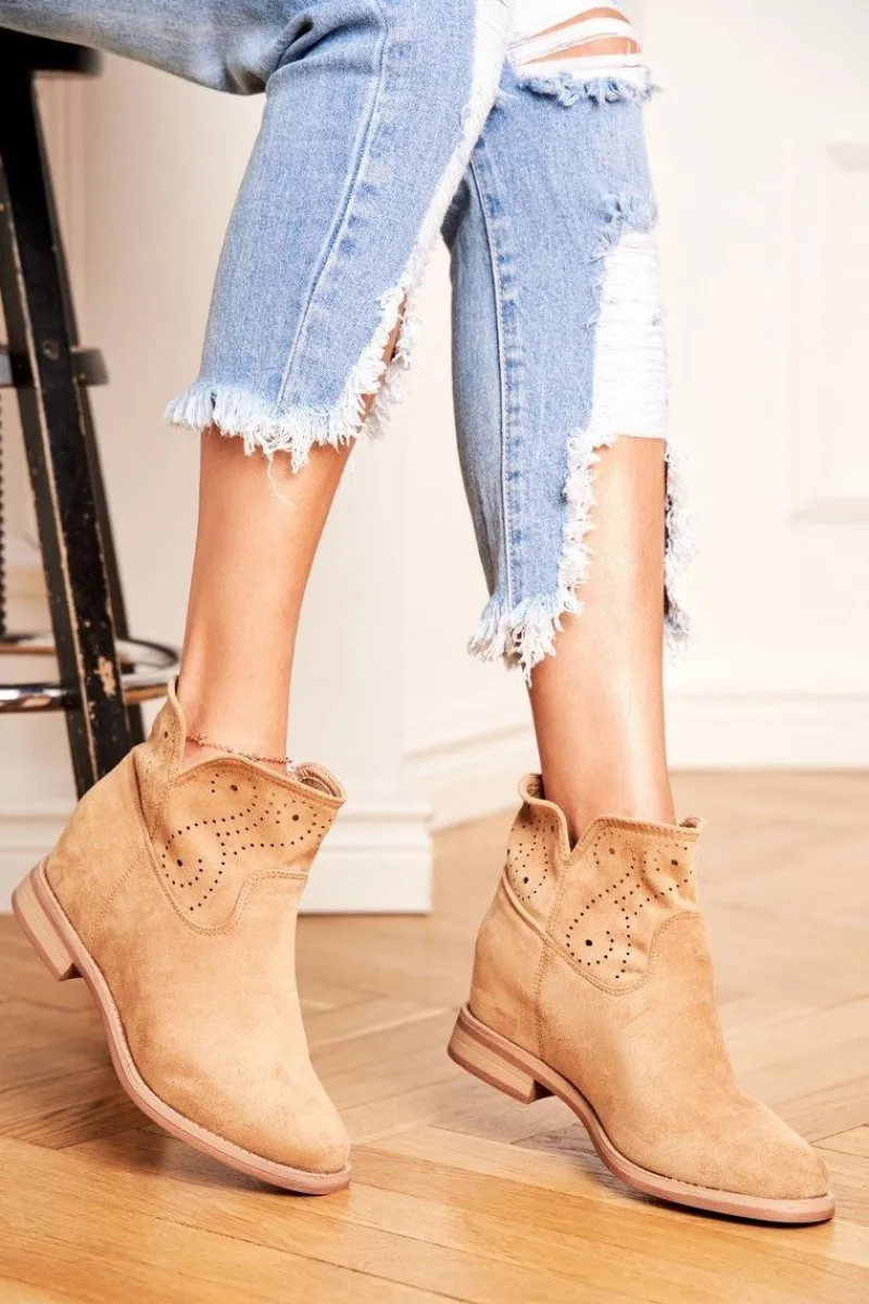 Botki Wiosenne|Brązowe I Beżowe Botki>Boto Botki Damskie Płaski Obcas Zamszowe Ażurowe Beżowe Raffe