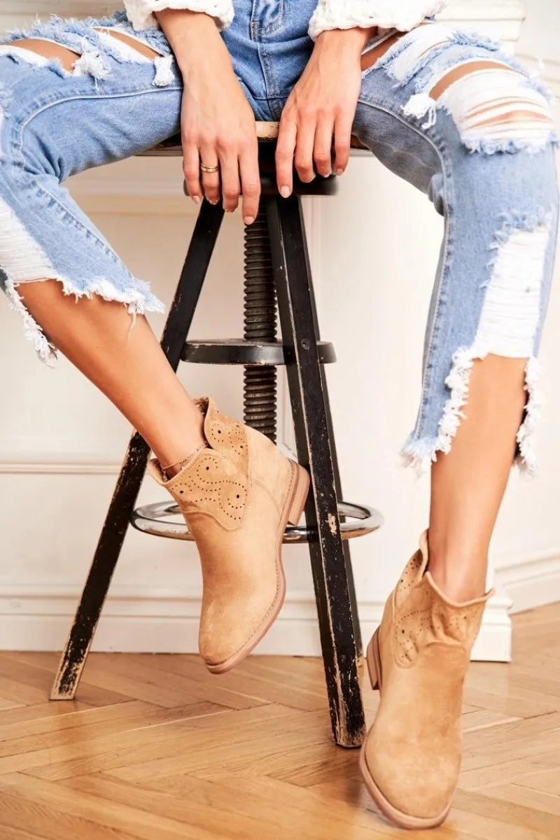 Botki Wiosenne|Brązowe I Beżowe Botki>Boto Botki Damskie Płaski Obcas Zamszowe Ażurowe Beżowe Raffe