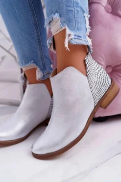 Botki Wiosenne|Brązowe I Beżowe Botki>Boto Botki Damskie Płaski Obcas Wiosenne Skórzane Srebrne Madness