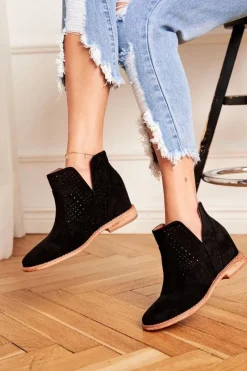 Botki Wiosenne|Brązowe I Beżowe Botki>Boto Botki Damskie Płaski Obcas Zamszowe Ażurowe Czarne Shades