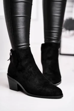 Outlet Damskie buty S.Barski Botki Damskie Płaski Obcas Ocieplane Jesienne Czarne Milky