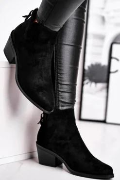 Outlet Damskie buty S.Barski Botki Damskie Płaski Obcas Ocieplane Jesienne Czarne Milky