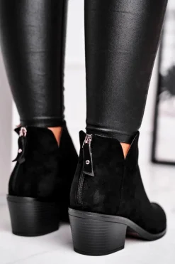 Outlet Damskie buty S.Barski Botki Damskie Płaski Obcas Ocieplane Jesienne Czarne Milky