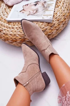 Hot Botki Damskie Płaski Obcas Beżowe Umberco Damskie Brązowe I Beżowe Botki|Botki Zamszowe