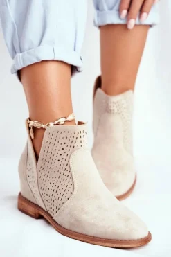 Outlet Boto Botki Damskie Płaski Obcas Zamszowe Ażurowe Cappuccino Shades