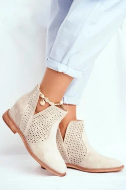 Outlet Boto Botki Damskie Płaski Obcas Zamszowe Ażurowe Cappuccino Shades